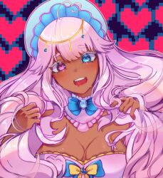Rule 34 | 1girl, absurdres, blue eyes, breasts, cleavage, colored eyelashes, dark-skinned female, dark skin, fangs, heart, heart-shaped pupils, heart background, hetero, highres, jellyfish, jellyfish girl, louizamerachi, lullaby lolita, medium breasts, open mouth, pink eyes, pink hair, purple background, solo, source request, sweat, symbol-shaped pupils, teeth