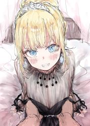 Rule 34 | 013 (hamsasuke), 1girl, arm support, black dress, blonde hair, blue eyes, blush, breasts, diamond earrings, dress, earrings, grabbing, grabbing another&#039;s breast, grin, highres, hololive, hololive english, jewelry, large breasts, looking at viewer, pov, pov hands, smile, solo focus, strap slip, tiara, virtual youtuber, watson amelia, watson amelia (party dress)