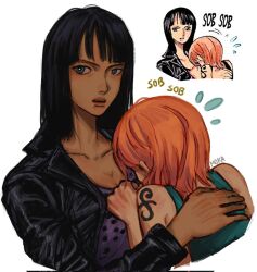 Rule 34 | 2girls, arm tattoo, artist name, black hair, blue eyes, blunt bangs, commentary, crying, english commentary, flying sweatdrops, highres, hug, jacket, m0kaccinoh, medium hair, multiple girls, nami (one piece), nico robin, one piece, open mouth, orange hair, reference inset, short hair, tank top, tattoo, teeth, upper body, upper teeth only