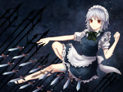 Rule 34 | 1girl, apron, arm up, artist name, back bow, blouse, blue dress, blue footwear, blue sky, bow, bowtie, braid, breasts, closed mouth, cloud, cloudy sky, collared shirt, dress, fence, fingernails, flying, frills, green bow, green bowtie, grey bow, grey hair, hair between eyes, hair bow, hands up, highres, izayoi sakuya, knife, koto (shiberia39), leg up, long fingernails, looking to the side, maid, maid headdress, medium breasts, night, night sky, outdoors, puffy short sleeves, puffy sleeves, red eyes, shirt, shoes, short hair, short sleeves, sky, solo, touhou, twin braids, v-shaped eyebrows, weapon, white apron, white shirt