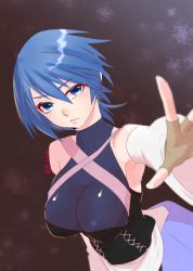 Rule 34 | 1girl, aqua (kingdom hearts), bad id, bad pixiv id, bare shoulders, blue eyes, blue hair, breasts, brown gloves, closed mouth, detached sleeves, fingerless gloves, frown, gloves, hair between eyes, kingdom hearts, kingdom hearts birth by sleep, large breasts, long sleeves, outstretched arm, short hair, skin tight, solo, tamaki (tmk-poison), turtleneck, upper body