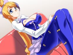 Rule 34 | 1girl, aquarion (series), aquarion evol, blue eyes, blue pants, breasts, cleavage, closed mouth, couch, ebido, glasses, large breasts, legs, legs together, long hair, looking away, mix (aquarion), multicolored hair, own hands together, pants, ponytail, puffy sleeves, serious, simple background, sitting, solo, thighs, two-tone hair, very long hair