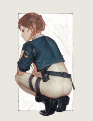Rule 34 | 1girl, ass, black footwear, blonde hair, blue gloves, blue jacket, braid, closed mouth, from behind, gloves, grey background, hand up, highres, jacket, original, pants, police, police uniform, policewoman, shoes, short hair, short sleeves, solo, squatting, twintails, uniform, watori re, white pants