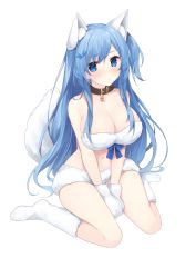 Rule 34 | 1girl, animal ear fluff, animal ears, animal hands, bare arms, bare legs, bare shoulders, between legs, blue bow, blue eyes, blue hair, blush, bow, breasts, cleavage, closed mouth, collar, emori miku, fox ears, fox tail, full body, gloves, hair ornament, hairclip, heart, highres, kemonomimi mode, large breasts, liver city, long hair, looking at viewer, midriff, miko (royal milk), navel, one side up, paw gloves, simple background, sitting, socks, solo, stomach, tail, thighs, v arms, very long hair, wariza, white background, white socks