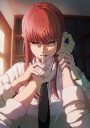 Rule 34 | 1girl, absurdres, biting, black necktie, chainsaw man, commentary request, finger biting, fingernails, highres, indoors, kamo ashi, long hair, long sleeves, looking at viewer, makima (chainsaw man), necktie, red hair, ringed eyes, shirt, smile, solo focus, teeth, upper body, white shirt, yellow eyes