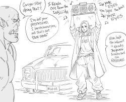 Rule 34 | 1boy, 1girl, baggy pants, bb (baalbuddy), boombox, car, clothes writing, coat, elf, english text, genderswap, genderswap (ftm), genderswap (mtf), greyscale, highres, long hair, monochrome, motor vehicle, music, nipples, orc, original, outdoors, pants, parody, pointy ears, say anything, shirt, shoes, simple background, sneakers, speech bubble, staring, t-shirt, the clash, topless male, trench coat, white background