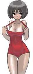 Rule 34 | 1girl, black eyes, black hair, blush, bob cut, breasts, cleavage, one-piece swimsuit, one-piece tan, red one-piece swimsuit, school swimsuit, short hair, simple background, smile, solo, standing, swimsuit, tan, tanline, thigh gap, thighs, undressing