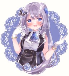 Rule 34 | 1girl, :d, black bow, blue eyes, blue flower, blue rose, blue vest, blush, bow, braid, buttons, collared shirt, cropped torso, doily, dot nose, flower, frilled sleeves, frills, gloves, grey hair, grey ascot, hair bow, hair bun, hair flower, hair intakes, hair ornament, hands up, highres, lapels, long hair, magia record: mahou shoujo madoka magica gaiden, magical girl, mahou shoujo madoka magica, neck flower, open mouth, outline, ponytail, rose, sakura romu, shirt, short sleeves, side braid, sidelocks, simple background, single hair bun, smile, solo, swept bangs, twitter username, two-tone background, upper body, very long hair, vest, white gloves, white outline, white shirt, yakumo mitama