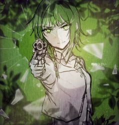 Rule 34 | 1girl, aiming, aiming at viewer, bad id, bad twitter id, bare arms, bare shoulders, braid, breaking, bullet hole, closed mouth, detached collar, evillious nendaiki, fourth wall, frown, glowing, glowing eyes, green background, green eyes, green hair, gumi, gun, handgun, highres, leaf, limited palette, looking at viewer, midriff, nemesis no juukou (vocaloid), nemesis sudou, pointing, pointing at viewer, pointing weapon, revolver, shards, short hair with long locks, side braid, sidelocks, silhouette, sketch, sleeveless, sleeveless jacket, solo, v-shaped eyebrows, vocaloid, warabi (danngo-mitarasi), weapon