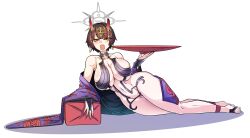 Rule 34 | 1girl, barefoot sandals (jewelry), black nails, blue archive, blunt bangs, breasts, broken horn, brown eyes, brown hair, cosplay, cup, earrings, fate/grand order, fate (series), halo, headpiece, highres, holding, holding cup, hoop earrings, horns, japanese clothes, jewelry, kimono, large breasts, lazy ant, lying, mole, mole under eye, navel, niya (blue archive), on side, open clothes, open kimono, open mouth, purple kimono, revealing clothes, sakazuki, short hair, shuten douji (fate), shuten douji (fate) (cosplay), skin-covered horns, solo, trait connection