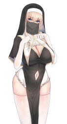 Rule 34 | 1girl, absurdres, asm ln, black headwear, blonde hair, blue eyes, blush, breasts, cleavage, clothing cutout, commentary request, elbow gloves, gloves, hands up, highres, large breasts, looking at viewer, mole, mole on breast, mouth veil, navel, navel cutout, nun, original, see-through, simple background, solo, thighhighs, thighs, veil, white background, white gloves, white thighhighs