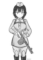 Rule 34 | 1girl, absurdres, boots, commentary request, epaulettes, feet out of frame, greyscale, gun, hat, highres, holding, holding gun, holding weapon, indie virtual youtuber, light blush, looking at viewer, military, military hat, military uniform, monochrome, pants, porotto yontouhei, pouch, ppsh-41, reference request, short hair, simple background, smile, solo, soviet, soviet army, star (symbol), submachine gun, twitter username, uniform, virtual youtuber, vlasha (vtuber), weapon, weapon request