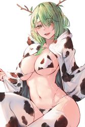 Rule 34 | 1girl, absurdres, animal print, antlers, bikini, breasts, ceres fauna, cow print, cow print bikini, green skirt, highres, hololive, hololive english, hood, hood down, hoodie, horns, large breasts, leaf, long hair, long sleeves, looking at viewer, mole, mole under eye, naokomama, navel, open clothes, open hoodie, open mouth, print bikini, simple background, skirt, smile, solo, swimsuit, thighhighs, virtual youtuber, white background, white hoodie, white thighhighs, yellow eyes