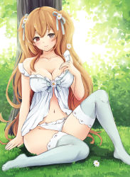 Rule 34 | 1girl, alternate costume, babydoll, blonde hair, breasts, brown eyes, cleavage, collarbone, commentary request, flower, grass, hair between eyes, hair flower, hair ornament, hair ribbon, hand on own chest, heterochromia, highres, kantai collection, large breasts, leg up, light brown hair, long hair, looking at viewer, murasame (kancolle), nanashiki fuuka, navel, outdoors, panties, red eyes, ribbon, shirt, sidelocks, sitting, smile, solo, thighhighs, tree, underwear, very long hair, white panties, white shirt