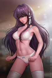 Rule 34 | 1girl, aroma sensei, artist name, blue ribbon, blush, bra, breasts, clannad, closed mouth, cowboy shot, fujibayashi kyou, hair between breasts, hair ornament, highres, kyoto animation, lace, lace-trimmed bra, lace-trimmed panties, lace trim, long hair, looking at viewer, medium breasts, navel, panties, purple eyes, purple hair, ribbon, solo, standing, thighhighs, underwear, underwear only, very long hair, white thighhighs