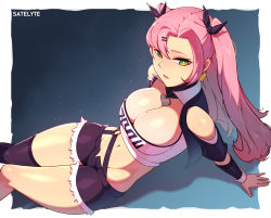 Rule 34 | 1girl, absurdres, arm support, breasts, cleavage, green eyes, hair ribbon, highres, large breasts, legs, lipstick, looking at viewer, makeup, midriff, navel, nicole demara, parted lips, pink hair, ribbon, satelyte, satelyte art, shorts, solo, tan, tanline, thighs, toned, twintails, zenless zone zero