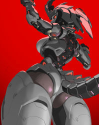 Rule 34 | 1girl, absurdres, arm up, ass, breasts, doll joints, fangs, frandre92, highres, humanoid robot, joints, large breasts, looking at viewer, looking back, mecha musume, original, ponytail, red background, red eyes, robot, robot girl, tail