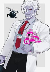 Rule 34 | 1boy, alternate costume, bara, beard, belt, black pants, blood, blood bag, closed mouth, collared shirt, colored skin, earrings, facial hair, gilzaren iii, highres, holding, holding suitcase, jacket, jewelry, lab coat, lanyard, long sleeves, looking at viewer, male focus, monocle, necktie, nijisanji, pants, pink blood, pointy ears, purple skin, red eyes, red necktie, scalpel, shirt, simple background, smile, solo, suitcase, usuki (usukine1go), virtual youtuber, white hair, white shirt