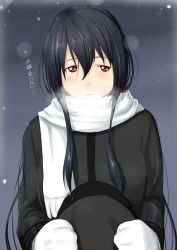 Rule 34 | 10s, 1girl, black hair, breath, brown eyes, commentary request, female admiral (kancolle), hair between eyes, hat, highres, holding, holding clothes, holding hat, kantai collection, long hair, looking to the side, mittens, niwatazumi, outdoors, scarf, sidelocks, snow, solo, tatebayashi sakurako, translation request, uniform, unworn hat, unworn headwear