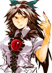 Rule 34 | 1girl, bow, brown hair, chamaruk, female focus, hair bow, index finger raised, long hair, pointing, red eyes, reiuji utsuho, simple background, smile, solo, third eye, touhou, white background, wings