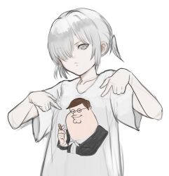 Rule 34 | 1girl, :&lt;, closed mouth, family guy, grey eyes, highres, kowai (iamkowai), original, peter griffin, pointing, pointing at self, print shirt, shirt, short twintails, simple background, solo, twintails, white hair, white shirt