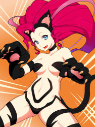 Rule 34 | 1girl, alternate color, animal ears, animal hands, bad id, bad pixiv id, bare shoulders, big hair, blue eyes, breasts, capcom, cat ears, cat paws, cat tail, choker, claws, fangs, felicia (vampire), fur, looking at viewer, navel, open mouth, red hair, solo, tail, ultra00, vampire (game)