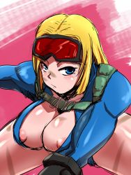 Rule 34 | 1girl, alternate costume, areola slip, blonde hair, blue eyes, breasts, cammy white, cleavage, female focus, goggles, goggles on head, gradient background, hair down, large breasts, leotard, long hair, looking at viewer, nipples, no bra, rickert kai, solo, street fighter, street fighter v, unzipped