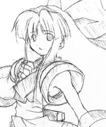 1girl ainu_clothes armpit_peek artist_name breasts fingerless_gloves gloves hair_ribbon hand_on_own_chest looking_at_viewer monochrome nakoruru parted_lips ribbon samurai_spirits small_breasts snk solo the_king_of_fighters traditional_media weapon