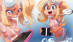 Rule 34 | 1girl, absurdres, animal ears, animal nose, black eyes, blonde hair, blue background, blue overalls, body fur, breasts, broken, clenched teeth, coco bandicoot, cowboy shot, crash bandicoot (series), crying, earrings, eyewear on head, failure, female focus, furry, furry female, goggles, gradient background, grey-framed eyewear, hair between eyes, half-closed eyes, happy, highres, holding, holding tablet pc, inker comics, jewelry, long hair, medium breasts, messy hair, multiple views, nipples, no bra, open mouth, orange fur, overalls, panties, pink panties, pink trim, raised eyebrows, reflection, ripples, sad, see-through, see-through shirt, shiny skin, shirt, short sleeves, sidelocks, smile, speech bubble, standing, tablet pc, talking, tears, teeth, two-tone fur, underwear, wading, water, wet, wet clothes, wet hair, wet panties, white shirt