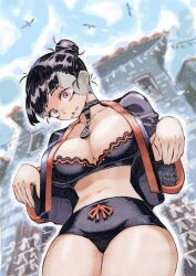 Rule 34 | 1girl, :o, black hair, black shorts, blue sky, breasts, building, choker, cleavage, commentary request, crop top, earrings, flock, from below, grey eyes, hair bun, highres, jacket, jewelry, jiangshi, large breasts, looking at viewer, micro shorts, nishi yoshiyuki, open clothes, open jacket, open mouth, original, outstretched arms, shorts, sky, solo, stitches, zombie pose