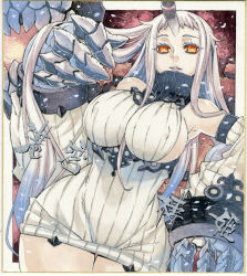 Rule 34 | 10s, 1girl, abyssal ship, bare shoulders, breasts, claws, coo (cooarts), curvy, detached sleeves, dress, covered erect nipples, female focus, hair between breasts, horns, kantai collection, large breasts, long hair, looking at viewer, parted lips, red eyes, ribbed dress, ribbed sweater, seaport princess, shikishi, short dress, sideboob, single horn, smile, solo, sweater, sweater dress, thick thighs, thighs, traditional media, white hair, wide hips
