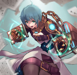 Rule 34 | 1girl, adenine (xenoblade), belt, blue background, book, chain, chest jewel, green eyes, green hair, negresco, pages, panties, pantyshot, short hair, solo, underwear, xenoblade chronicles (series), xenoblade chronicles 2