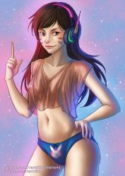 Rule 34 | 1girl, absurdres, alternate eye color, animal print, blue background, blue panties, bow, bow panties, breasts, brown hair, brown shirt, caro tuts, chromatic aberration, collarbone, contrapposto, cowboy shot, crop top, crop top overhang, d.va (overwatch), facepaint, facial mark, hand on own hip, headphones, highres, index finger raised, light particles, light smile, long hair, looking at viewer, navel, no bra, no pants, overwatch, overwatch 1, panties, pink lips, purple background, purple eyes, rabbit print, see-through, see-through silhouette, shirt, short sleeves, small breasts, solo, standing, swept bangs, t-shirt, underwear, v-neck, watermark, web address, whisker markings