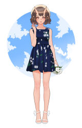 Rule 34 | 1girl, arm at side, bare legs, blue dress, breasts, brown hair, closed mouth, commentary, dress, english commentary, floral print, flower, full body, grey eyes, hand up, hat, highres, holding, holding flower, horns, jewelry, lips, looking at viewer, original, pleated dress, print dress, ring, sandals, short dress, short hair, skin-covered horns, sleeveless, sleeveless dress, small breasts, solo, standing, star ring, white bracelet, white flower, white footwear, white headwear, wonbin lee