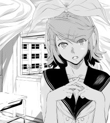 Rule 34 | 1girl, asunogear, bare arms, bow, building, collarbone, curtains, desk, eyes visible through hair, greyscale, hair bow, hair ornament, hairclip, headphones, headset, highres, interlocked fingers, kagamine rin, looking at viewer, monochrome, open mouth, open window, own hands clasped, own hands together, pov, sailor collar, school, school desk, short hair, solo, vocaloid, wind, window
