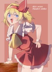 Rule 34 | 1girl, :d, absurdres, alice margatroid, ascot, blue eyes, blush, commentary, cosplay, cowboy shot, dress, english commentary, flandre scarlet, flandre scarlet (cosplay), frilled shirt collar, frills, half-closed eye, highres, open mouth, puffy short sleeves, puffy sleeves, red dress, sei (kaien kien), short dress, short sleeves, smile, solo, touhou, wrist cuffs, yellow ascot