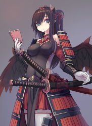 Rule 34 | 1girl, armor, bee (deadflow), black hair, black wings, blue eyes, book, bow, breasts, covered navel, cowboy shot, detached sleeves, emil chronicle online, eyebrows, feathered wings, gloves, grey background, hair between eyes, hair bow, hair ribbon, holding, holding book, horns, japanese armor, katana, kusazuri, large breasts, long hair, looking at viewer, miniskirt, open book, pelvic curtain, pleated skirt, red bow, red ribbon, red skirt, ribbon, samurai, scabbard, sheath, shiny clothes, shoulder armor, sketch, skin tight, skirt, sode, solo, sword, thigh strap, weapon, white gloves, wings