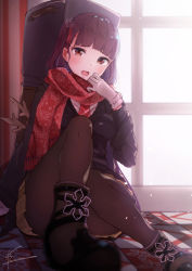 Rule 34 | 1girl, adjusting scarf, black pantyhose, black skirt, blush, breasts, christmas, coat, day, girls&#039; frontline, gloves, hair ribbon, indoors, kodama (koda mat), large breasts, long hair, looking at viewer, official alternate costume, one side up, pantyhose, purple hair, red eyes, red scarf, ribbon, scarf, shoes, signature, sitting, skirt, snowflake print, solo, sunlight, very long hair, wa2000 (date in the snow) (girls&#039; frontline), wa2000 (girls&#039; frontline), weapon bag, white gloves, window