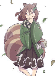 Rule 34 | 1girl, animal ears, bottle, brown eyes, brown hair, cowboy shot, futatsuiwa mamizou, glasses, hair ornament, hand on own chin, highres, japanese clothes, jug (bottle), kawayabug, kimono, leaf hair ornament, looking to the side, pince-nez, raccoon ears, raccoon tail, sake bottle, scarf, short hair, simple background, skirt, solo, tail, touhou, white background, wide sleeves, wind