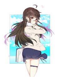 Rule 34 | 1girl, azur lane, blurry, book, brown hair, closed mouth, cloud, cloudy sky, commentary request, cowboy shot, from behind, glasses, gloves, hand in own hair, highres, holding, holding book, jacket, london (azur lane), long hair, long sleeves, looking at viewer, masoo, outside border, petals, pleated skirt, red-framed eyewear, red eyes, semi-rimless eyewear, skindentation, skirt, sky, smile, solo, standing, thigh strap, under-rim eyewear, white gloves, white jacket, wind