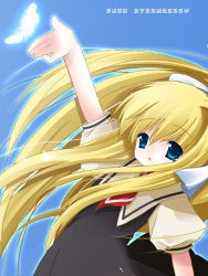 Rule 34 | 1girl, air (visual novel), archived source, arm up, black dress, blonde hair, blue background, blue eyes, bow, circle name, dress, feathers, hair bow, kamio misuzu, long hair, natsume eri, necktie, ponytail, reaching, red necktie, school uniform, solo, very long hair