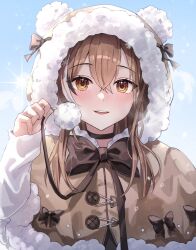 Rule 34 | 1girl, animal hood, bear hood, brown capelet, brown eyes, brown hair, capelet, crossed bangs, fingernails, fur trim, highres, holding, holding string, hololive, hololive english, hood, kim leeyoon, lens flare, looking at viewer, multicolored hair, nanashi mumei, official alternate costume, pom pom (clothes), ribbon, smile, snowing, streaked hair, string, teeth, upper teeth only, virtual youtuber