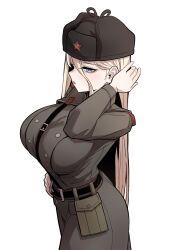 Rule 34 | 1girl, belt, belt pouch, black belt, blonde hair, blue eyes, blush, breasts, brown jacket, brown pants, buttons, double-breasted, fur hat, hammer and sickle, hand in own hair, hand on own hip, hat, highres, jacket, large breasts, long hair, long sleeves, military uniform, original, pants, pouch, red lips, solo, soviet, sung08ko, uniform, ushanka, white background