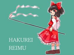Rule 34 | 1girl, bare shoulders, black hair, blunt bangs, blush stickers, bow, breasts, brown eyes, brown footwear, character name, detached sleeves, frilled bow, frills, full body, gohei, green background, hair bow, hair tubes, hakurei reimu, half updo, holding, itatatata, long sleeves, looking at viewer, midriff peek, outline, paw print, petticoat, red bow, red skirt, ribbon-trimmed sleeves, ribbon trim, shide, shoes, short hair, sidelocks, simple background, skirt, skirt set, small breasts, smile, socks, solo, standing, touhou, white outline, white socks, wide sleeves, wily beast and weakest creature