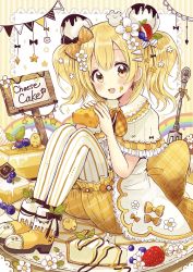 Rule 34 | 1girl, :d, animal ears, blonde hair, bloomers, blueberry, blueberry hair ornament, blush, boots, bow, bowtie, capelet, cheese, cheesecake, commentary request, doily, dress, english text, fang, fingernails, flower, food, food-themed hair ornament, food on face, fork, fruit, hair between eyes, hair bow, hair flower, hair ornament, hands up, head tilt, high heel boots, high heels, highres, holding, holding food, looking at viewer, mouse ears, open mouth, orange bow, orange bowtie, original, pantyhose, pennant, plaid, plaid bow, plaid bowtie, plaid neckwear, sakura oriko, sign, sitting, smile, solo, star (symbol), strawberry, strawberry hair ornament, string of flags, striped background, striped clothes, striped pantyhose, twintails, underwear, vertical-striped clothes, vertical-striped pantyhose, white capelet, white dress, white flower, white pantyhose, yellow bloomers, yellow bow, yellow eyes, yellow footwear