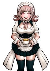 Rule 34 | 1girl, alternate costume, black thighhighs, blush, breasts, brown hair, cleavage, coffee cup, cup, danganronpa (series), danganronpa 2: goodbye despair, disposable cup, enmaided, hair ornament, hairpin, highres, komatsuzaki rui (style), ktokei (kurokku-tokei), large breasts, looking at viewer, maid, maid headdress, mole, mole on breast, nanami chiaki, official style, open mouth, pink eyes, short hair, skirt, smile, solo, standing, thighhighs, transparent background