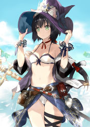 Rule 34 | 1girl, animal ear fluff, animal ears, belt, belt buckle, belt pouch, bikini, bikini under clothes, black hair, blue sky, breasts, buckle, cat ears, cat tail, choker, cleavage, cloud, collarbone, cowboy shot, day, ears through headwear, frown, green eyes, hair ribbon, hands on headwear, harapeko (886011), hat, hat ribbon, jacket, long hair, looking at viewer, navel, off shoulder, original, outdoors, ponytail, pouch, red ribbon, ribbon, ribbon choker, sarong, scrunchie, sky, small breasts, solo, staff, standing, swimsuit, tail, tail ornament, tail ribbon, thigh strap, witch hat, wrist scrunchie