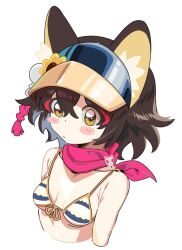 Rule 34 | 1girl, animal ears, bikini, blue archive, blush stickers, breasts, brown hair, closed mouth, cropped torso, flower, fox ears, fox girl, hair between eyes, hat, hat flower, izuna (blue archive), izuna (swimsuit) (blue archive), komipe512, makeup, medium breasts, pink scarf, scarf, short hair, simple background, solo, striped bikini, striped clothes, swimsuit, upper body, visor cap, white background, yellow eyes, yellow flower