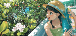 Rule 34 | 1girl, bare shoulders, black hair, blue eyes, blue ribbon, blush, braid, camisole, collarbone, commentary request, day, eyebrows hidden by hair, flower, green camisole, hat, hat ribbon, highres, innertube, kotatiyu, looking to the side, lower teeth only, medium hair, ocean, open mouth, original, outdoors, ribbon, smile, solo, spaghetti strap, swim ring, teeth, upper body