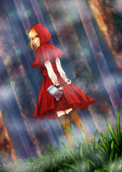 Rule 34 | 1girl, akazukin (akazukin ds), akazukin darkside, axe, blonde hair, blood, bloody weapon, commentary request, forest, gakuon (gakuto), grass, green eyes, hood, hoodie, little red riding hood (grimm), looking at viewer, nature, open mouth, sidelocks, solo, tree, weapon